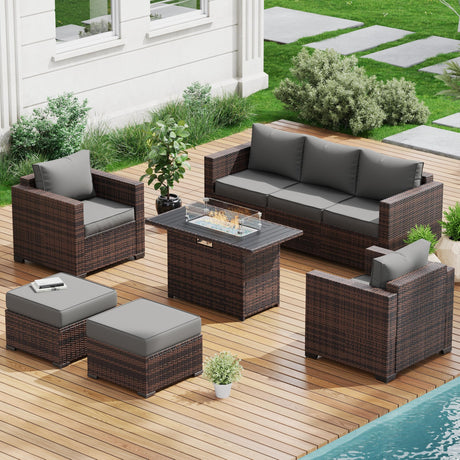 Amopatio 8-Piece Wicker Outdoor Patio Furniture Set with Ottoman, Sectional Couch, 44” Metal Fire Pit Table for Patio, Porch, Backyard - Weather Resistant, Comfortable Cushions, Grey Amopatio