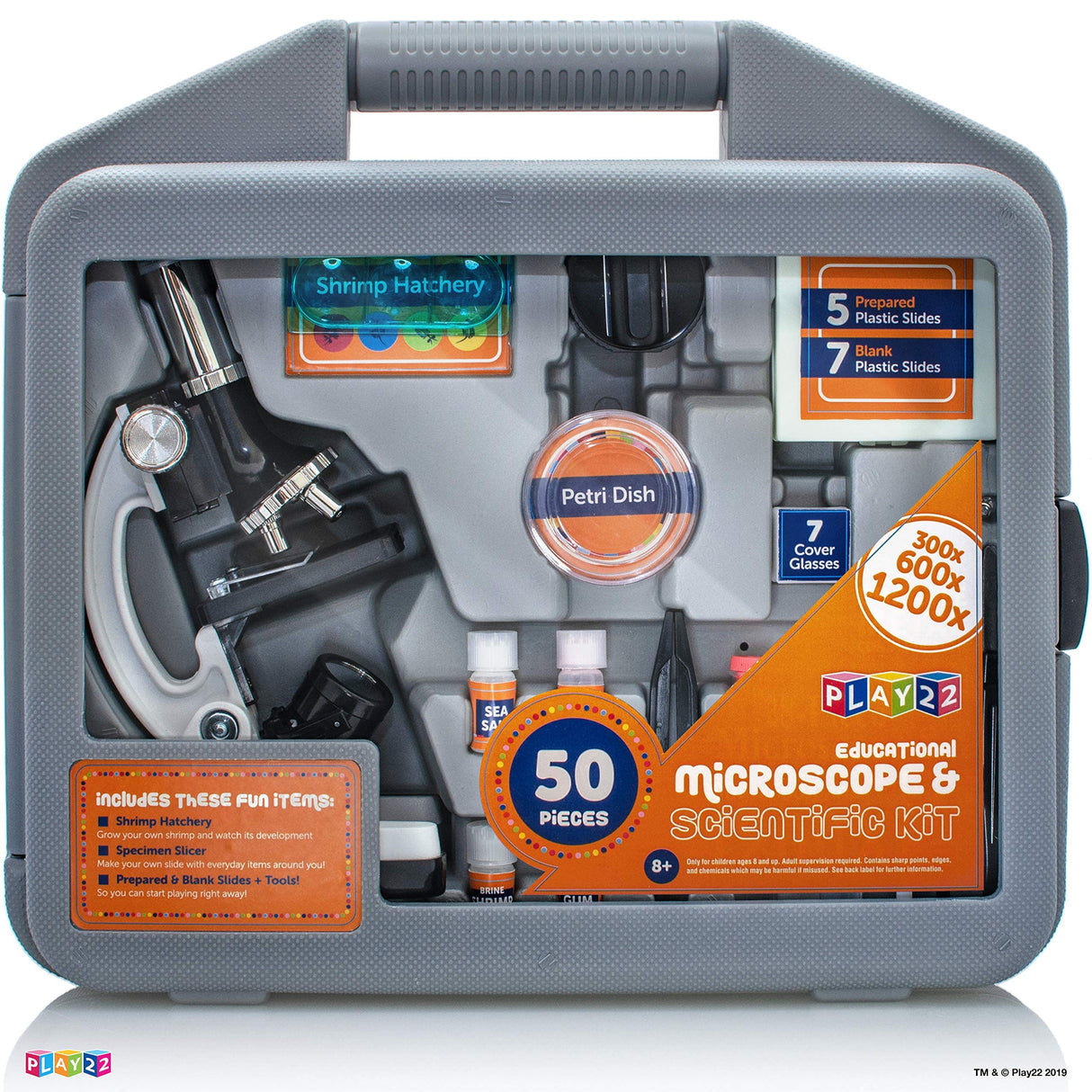 Play22 Kids Microscope Kit 50 PCS - Science Kit for Kids 120X-1200X Microscope Slides, Metal Body Microscope, Carrying Box, Science Experiments Lab Toy Gifts Play22