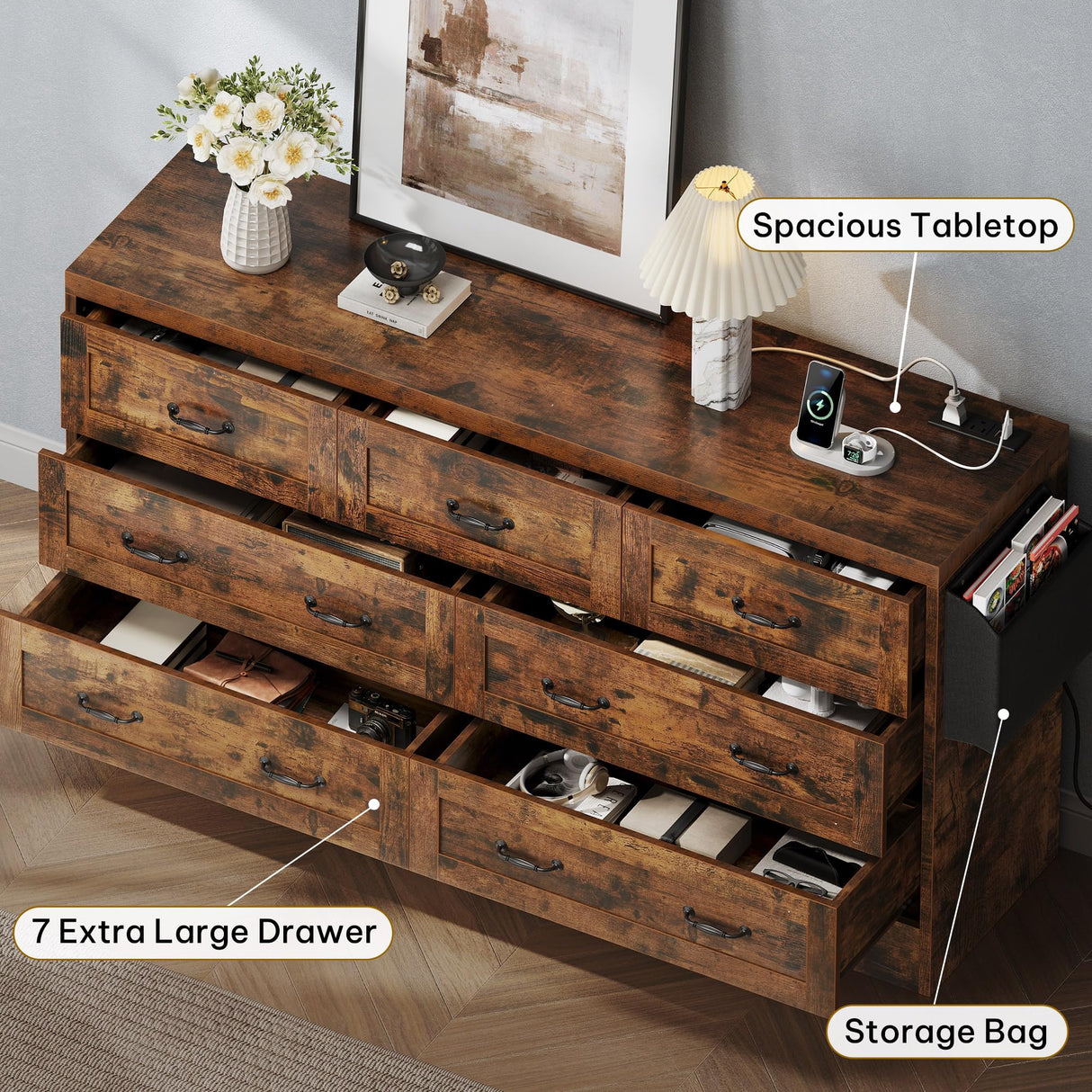 YITAHOME Rustic Brown Drawers TV Stand for 65 inches with Power Outlets -Chest of Drawers Dresser with Side Organizer Bag Entertainment Center TV Console YITAHOME