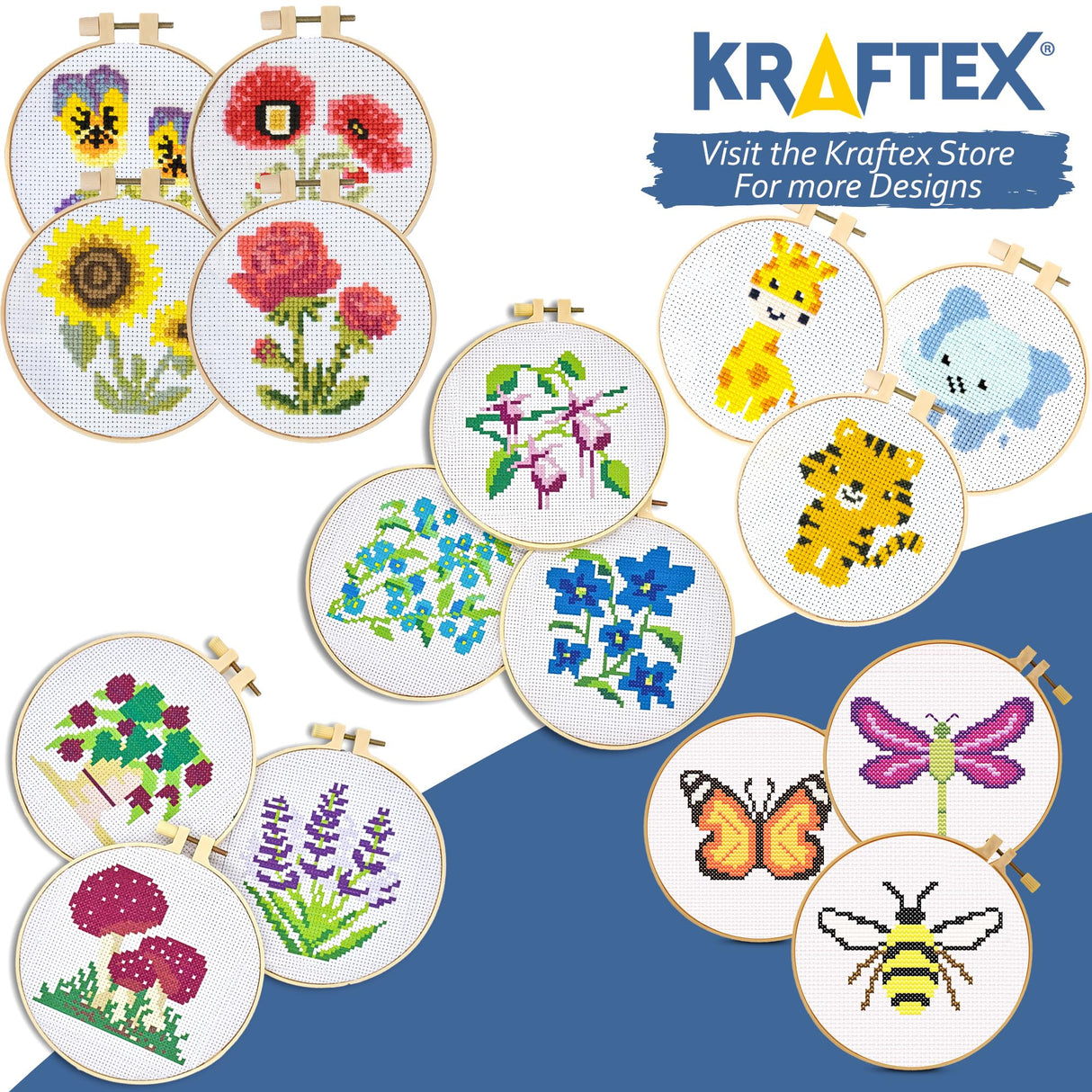 Kraftex Stamped Cross Stitch Kits for Beginners (Flower Theme - 6.75 Inch - 4 Pack 1 x Embroidery Hoop) Embroidery Needlepoint Patterns for Adults, Includes Poppy, Rose, Sunflower and Pansy Kraftex