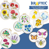 Kraftex Stamped Cross Stitch Kits for Beginners (Flower Theme - 6.75 Inch - 4 Pack 1 x Embroidery Hoop) Embroidery Needlepoint Patterns for Adults, Includes Poppy, Rose, Sunflower and Pansy Kraftex