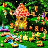 Poen 8'' Solar Light up Fairy House Garden 6-8 Fairy Figures Garden Accessories Kit Animals Doll House Decor Outdoor Micro Landscape Ornaments(Pink) Poen