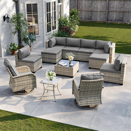12-Piece Patio Furniture Set, Outdoor Patio Furniture with Swivel Chairs Set, Ottomans, Modular Patio Sofa, Dual-Strand Wicker Rattan, Rust-Resistant Frame, Grey Sweecci