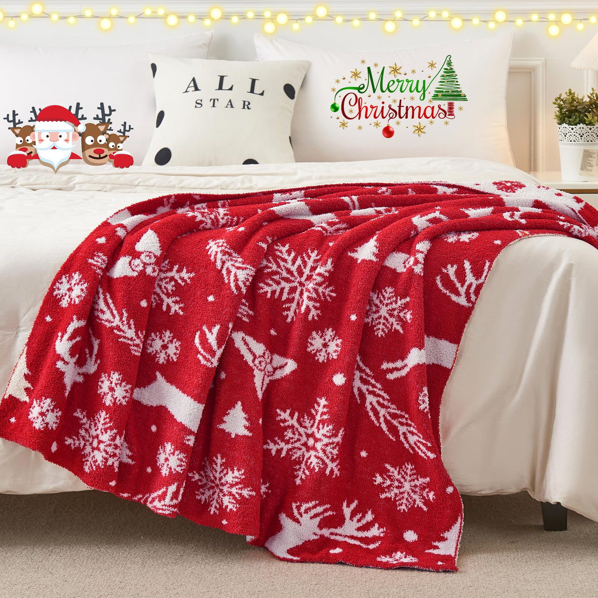 SeaRoomy Christmas Blanket, Ultra Soft Cozy Fuzzy Warm Reversible Knit Throw Blanket for Couch, Microfiber Lightweight Knitted Blanket Holiday Theme Home Christmas Decor (Reindeer, 51"×63") SeaRoomy
