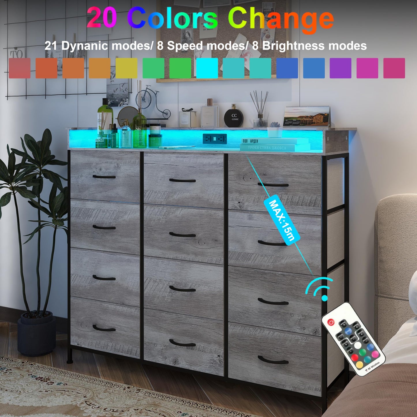 Welfuturer Dresser for Bedroom with 12 Drawers LED Dressers & Chests of Drawers Charging Station Fabric Dresser Storage Organizer Unit for Hallway Entryway Closets Sturdy Steel Frame Wood Top - WoodArtSupply