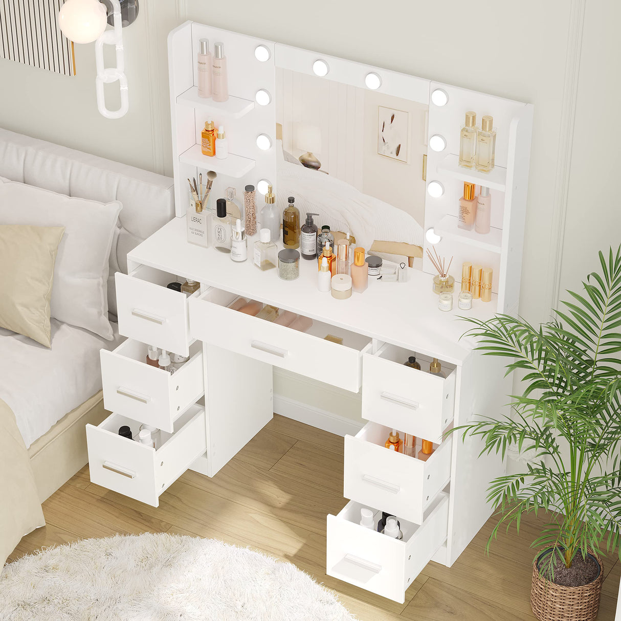 Irontar Vanity Desk, Makeup Vanity with 10 LED Lights & 7 Metal Sliding Drawers, Brightness Adjustable, Vanity Table with 6 Open Shelves, Makeup Table for Women, White WDT005W Irontar