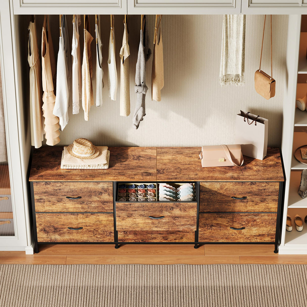 Huuger 63 Inch Long Dresser for Bedroom, Wide TV Stand for 55, 65, 70 Inch TV, 6 Drawer Dresser for Closet with Fabric Drawers, Storage Organizer for Bedroom, Entryway, Rustic Brown Huuger