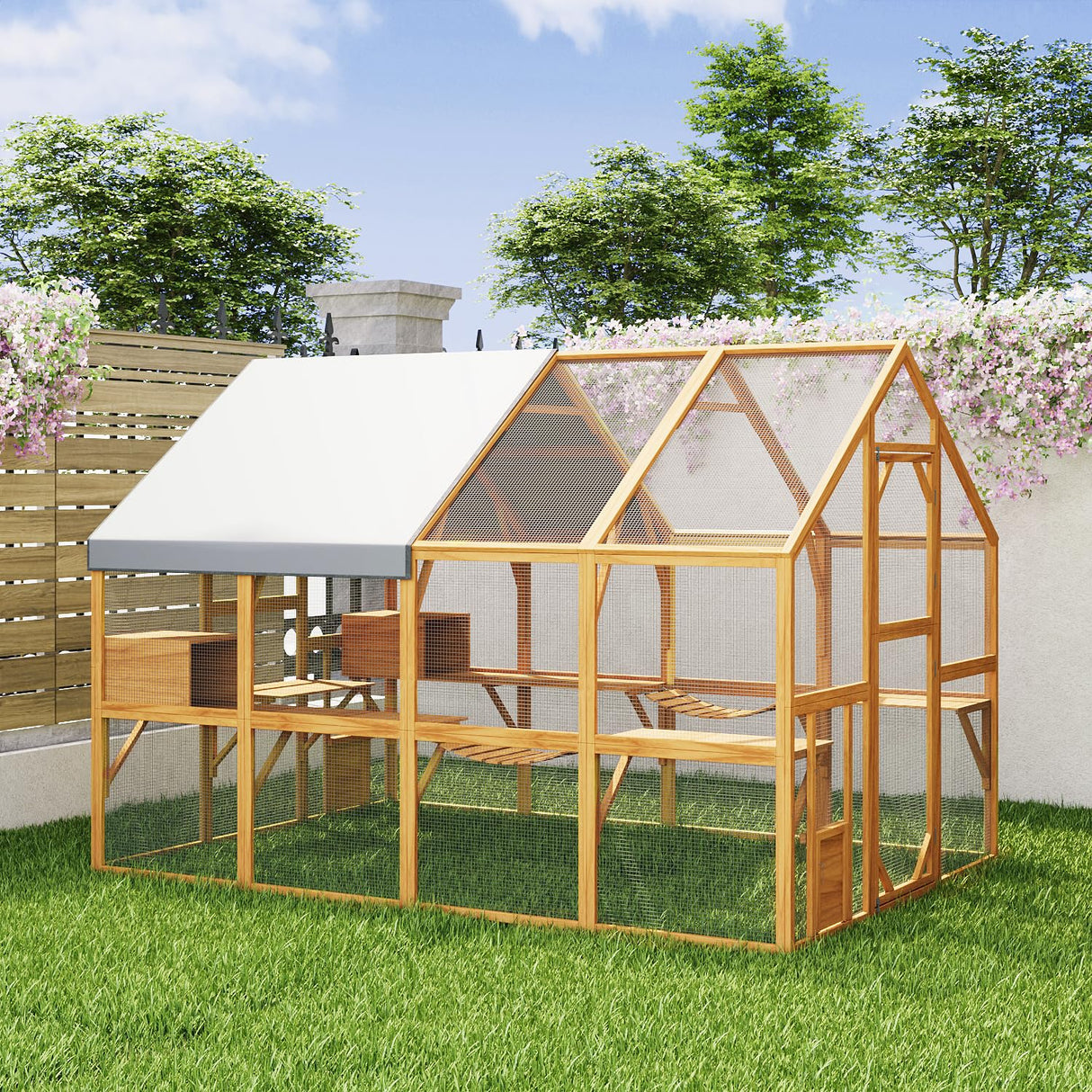 Lovinouse Extra Large Wooden Outdoor Cat House, 57ft² Cat Run Enclosure Walk in Catio Kitten Condo with Enter Door, 2 Doors, 2 Playpen & Hiding Houses, Bridges, Walks, Roof Cover, Golden Yellow Lovinouse