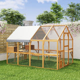 Lovinouse Extra Large Wooden Outdoor Cat House, 57ft² Cat Run Enclosure Walk in Catio Kitten Condo with Enter Door, 2 Doors, 2 Playpen & Hiding Houses, Bridges, Walks, Roof Cover, Golden Yellow Lovinouse