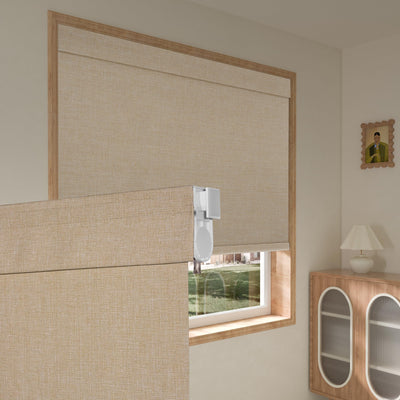 Boolegon No Drill No Tools Roller Shades for Windows, Blackout Linen Fabric, Cordless Roller Blinds, Thermal Insulated UV Protection Window Shades for Home,Bedroom,Office, Blackout-Beige,Custom Size