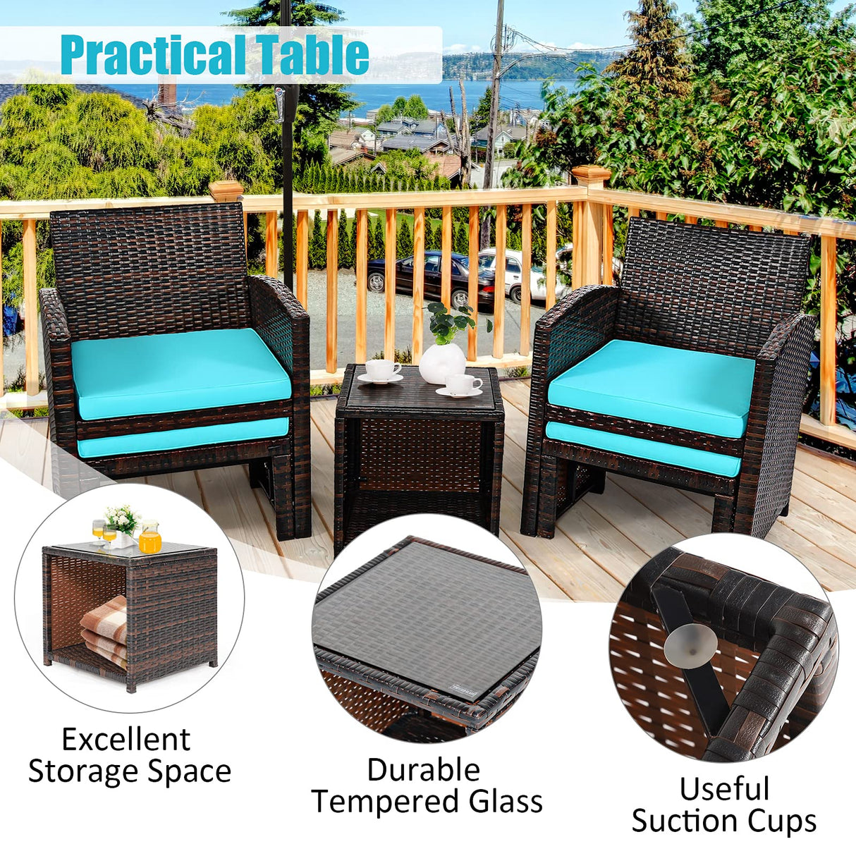 Tangkula 5 Pieces Patio Rattan Furniture Set, Outdoor Conversation Set with Cushioned Chair & Ottoman & Tempered Glass Coffee Table, Patio Sofa Sets for Garden, Backyard, Poolside (Turquoise) Tangkula