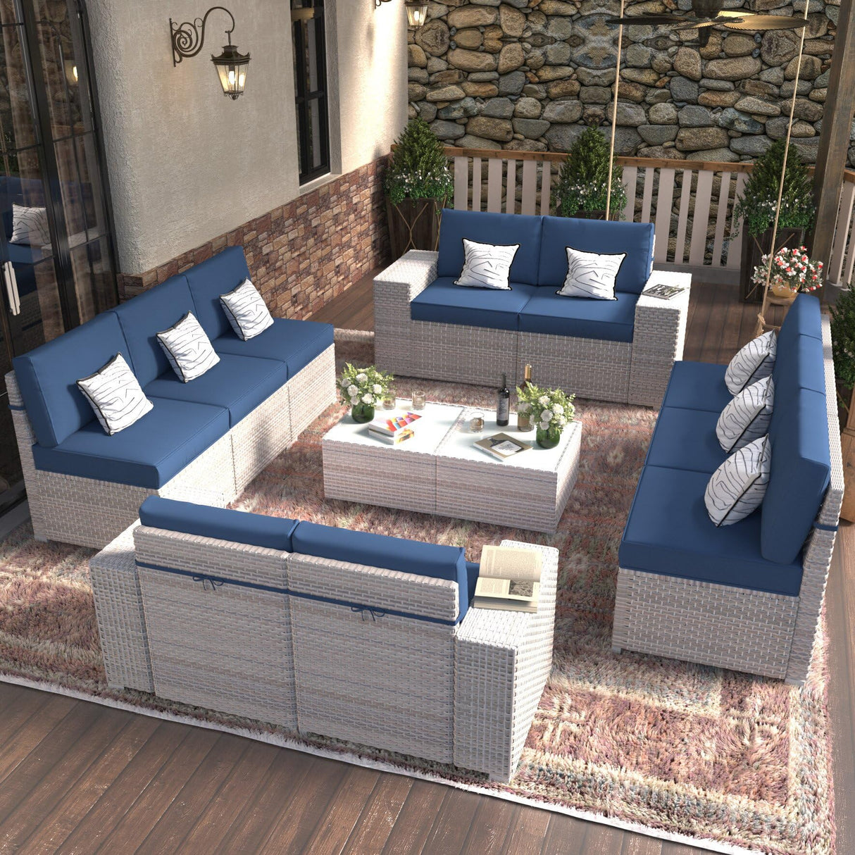 12-Piece Patio Furniture Set, Outdoor Extra Wide Armrest Modular Patio Sofa, Dual-Strand Rattan Wicker, Rust-Resistant Frame, Backyard High Back, Large Seat Furniture for Porch Garden Balcony, Blue HLNPTN