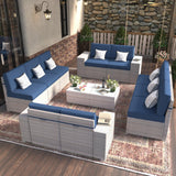 12-Piece Patio Furniture Set, Outdoor Extra Wide Armrest Modular Patio Sofa, Dual-Strand Rattan Wicker, Rust-Resistant Frame, Backyard High Back, Large Seat Furniture for Porch Garden Balcony, Blue HLNPTN