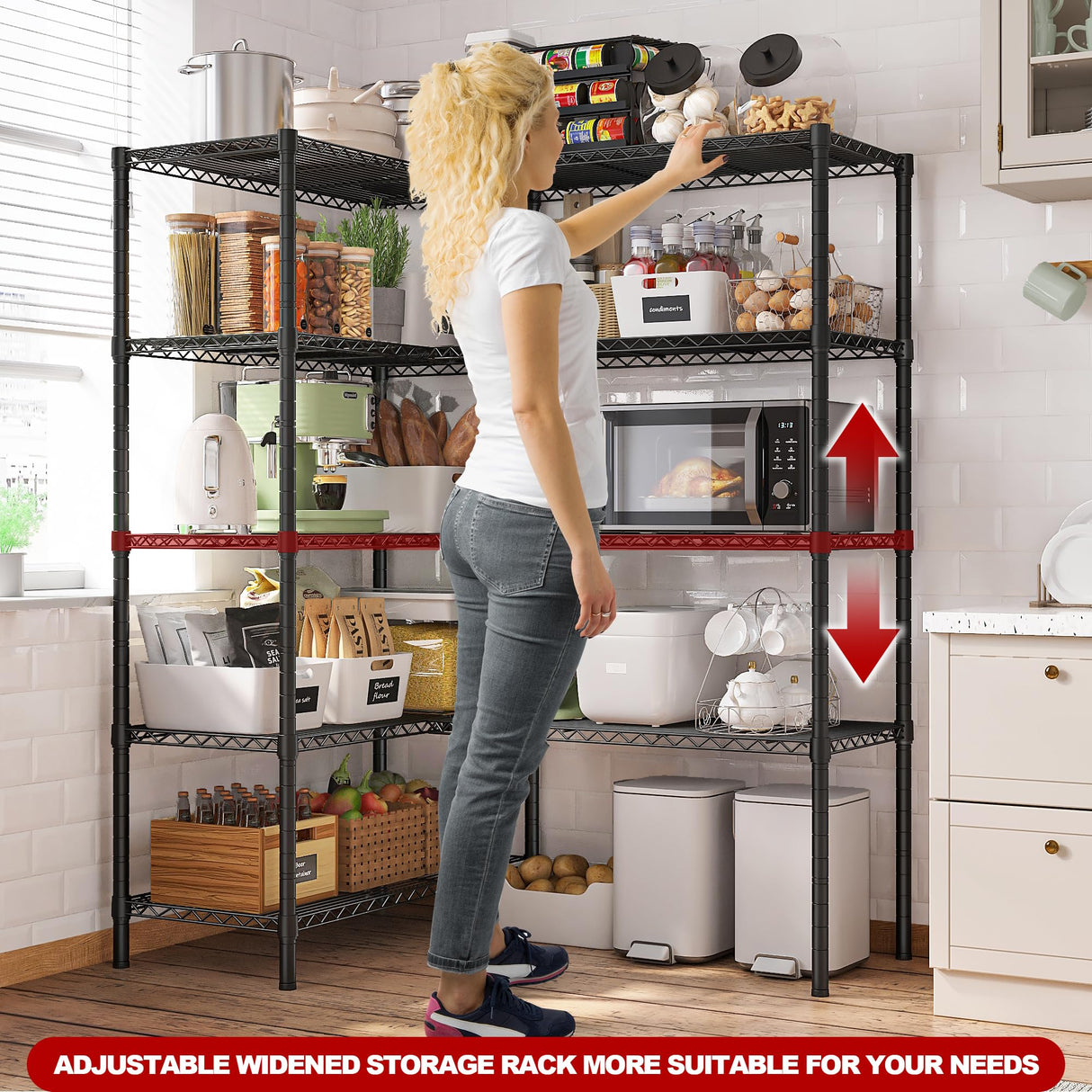 REIBII 5 Tier Wire Shelving Storage Shelves Loads 1430LBS, 58" W Metal Shelving Unit for Storage Adjustable Heavy Duty Garage Shelving Pantry Shelves Kitchen Shelving, Black, 2 Pack REIBII