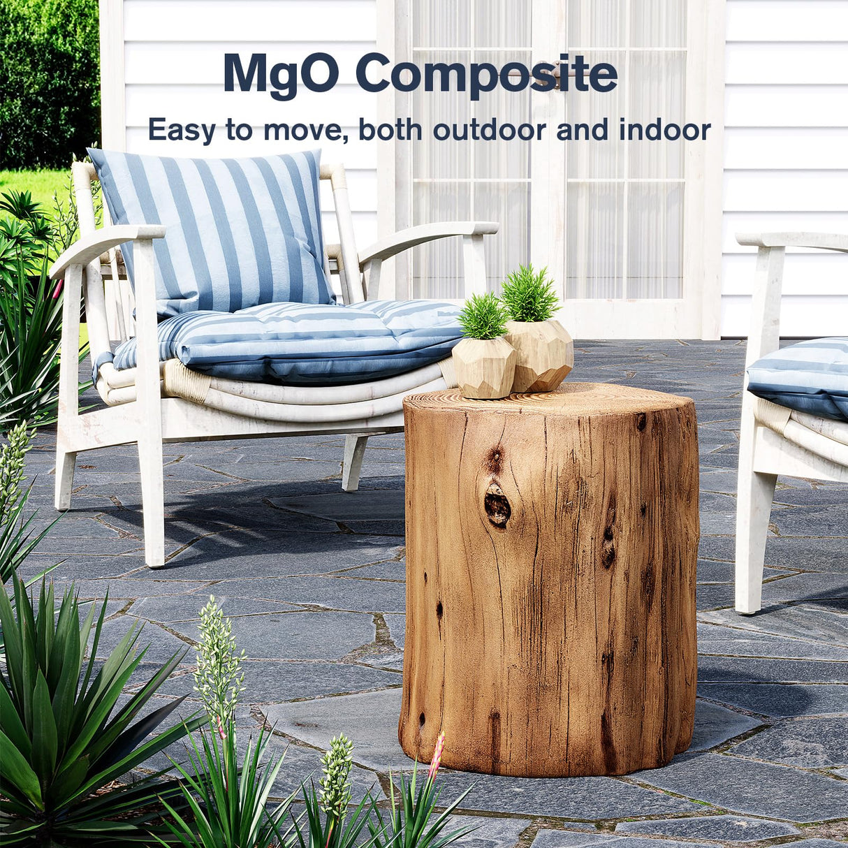 HOMPUS Concrete Outdoor Side TableSet of 2, 2 Piece Tree Stump Modern Round Coffee Table Accent Table Set Plant Stand Faux Wood End Table Garden Stool for Patio,Home Decor, Living Room, Oak HOMPUS