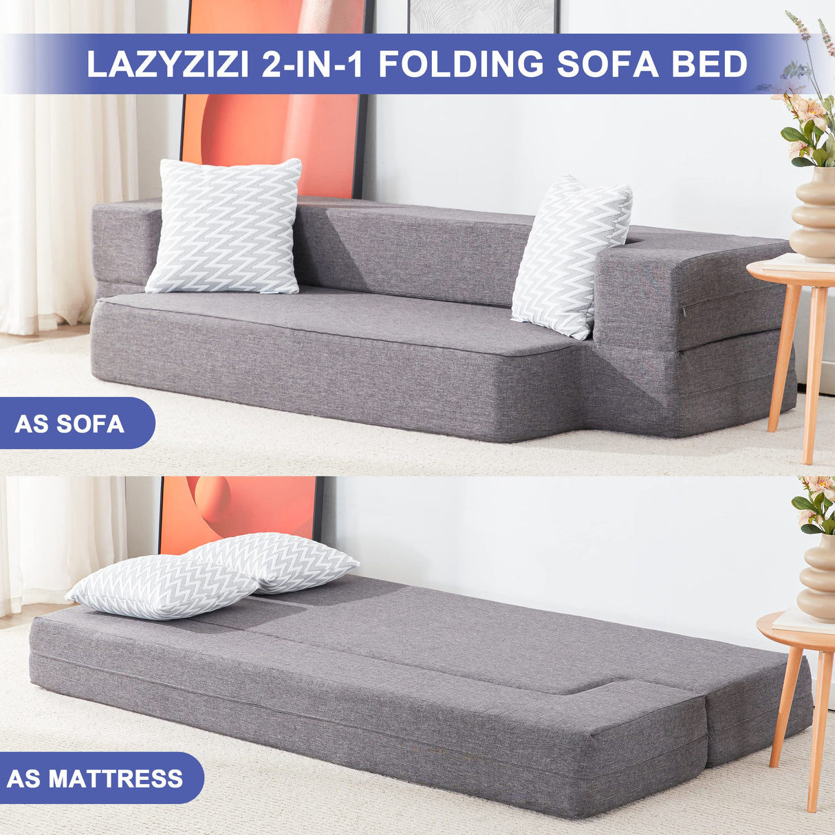 Lazyzizi Floor Sofa Bed, Fold Out Couch Bed with 2 Pillows & Washable Cover Convertible Sleeper Folding Sofa Bed Mattress for Living Room, Guest Bed, Playroom 8inches, Queen Lazyzizi