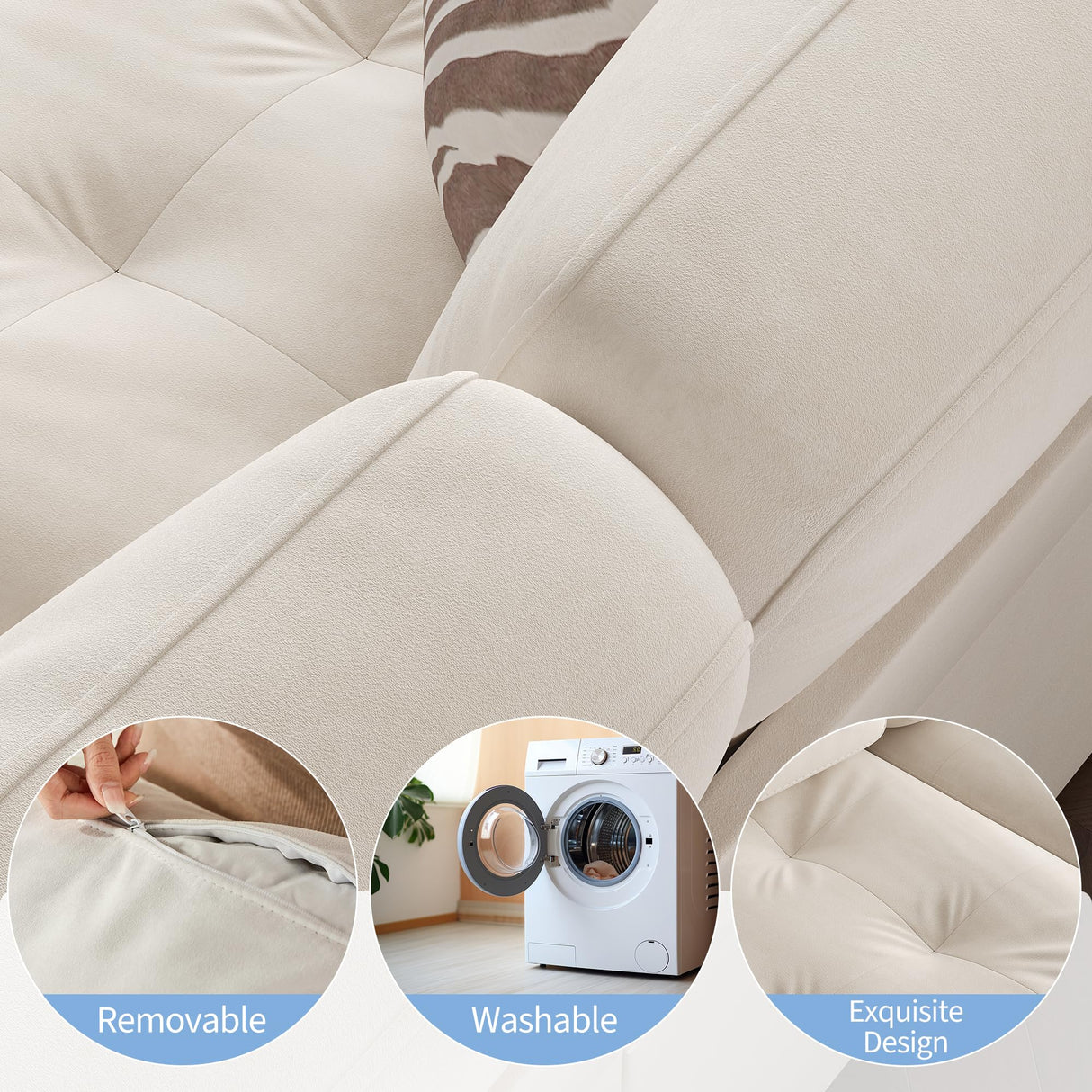 GarveeHome 90 in 3 Seater Sofa Counch Velvet Upholstered Oversized Loveseat with Soft Spacious Armrests, Comfy Button Tufted Couch for Living Room, Bedroom, Apartment, Beige GarveeHome