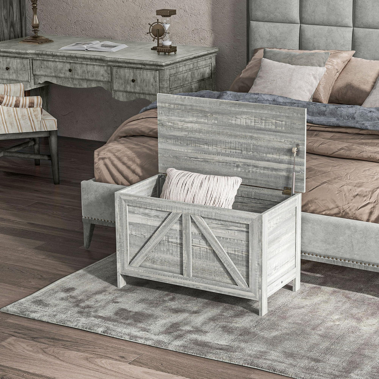 HOMCOM 30" Farmhouse Storage Chest, Lift Top Box Organizer with Safety Hinge to Open Up 100° for Bedroom, Entryway, Living Room, Gray Wood Grain HOMCOM