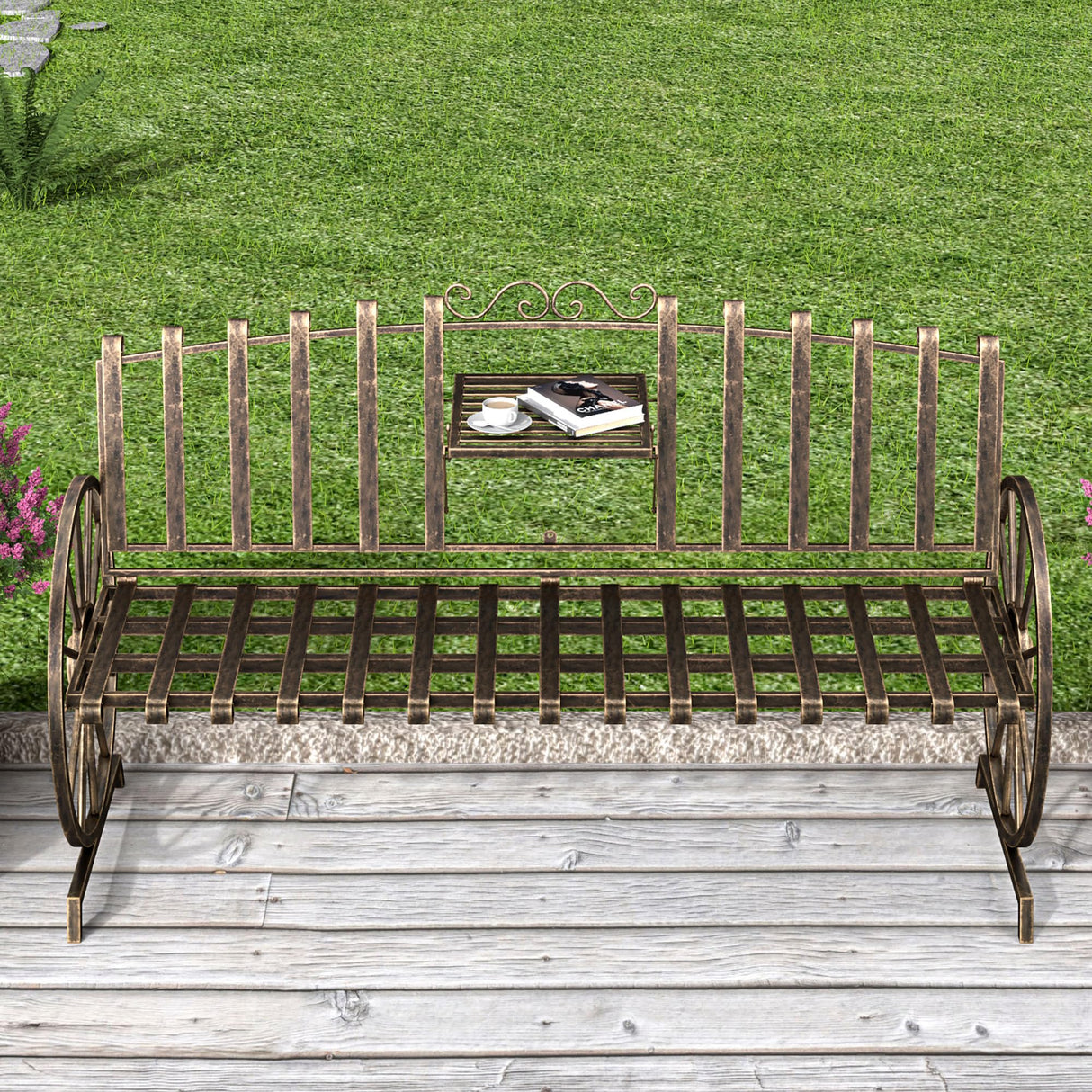 Outdoor Bench Patio Outdoor Garden Bench with Built-in Table, Wagon Wheel Arms, 3 People Outdoor Bench Garden Bench Front Porch Furniture Patio Lawn Yard Park (Bronze) Boweniog