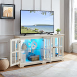 KEIKI Curio Cabinet, Lighted Glass Display Cabinet w/ 4 Glass Doors & Adjustable Shelves, Lighted Showcase with LED Light Strip, TV Stand, White KEIKI