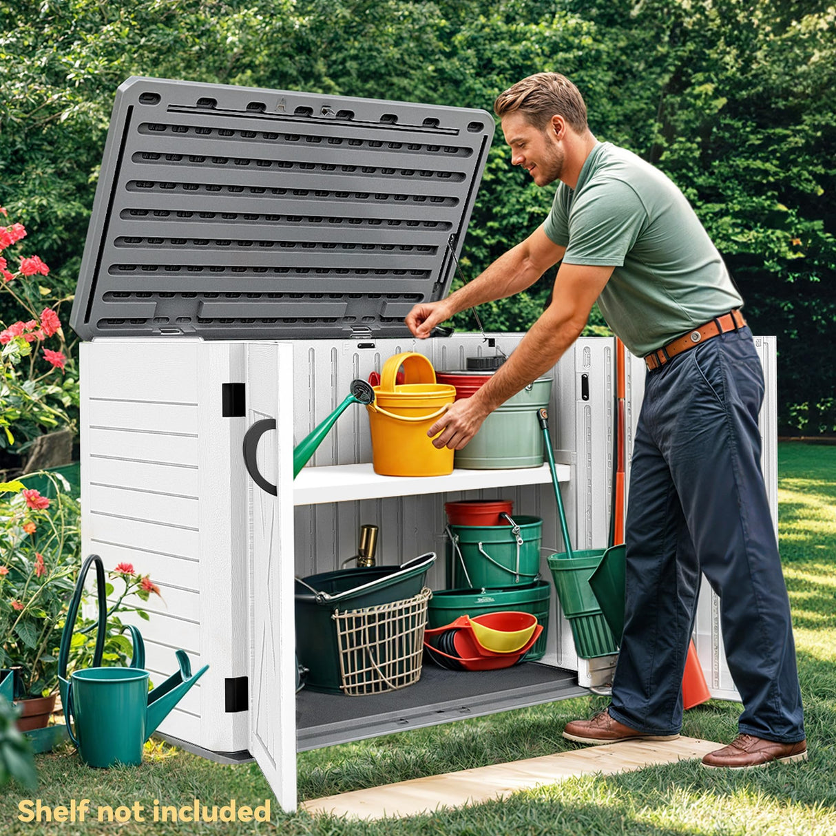 DWVO Outdoor Storage Shed, Weatherproof Resin, 35 Cu Ft Capacity, Horizontal Design, X-Shaped Lockable Door, Suitable for Bike, Garden Tools, Trash Cans, Light Gray DWVO