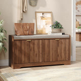 Maupvit Fluted Shoe Bench with Storage, Narrow Wooden Entryway Bench with Removable Cushion & 2 Flip-Drawers, Shoe Cabinet Bench, Farmhouse Boho Shoe Rack for Entrance, Hallway, Living Room (Walnut) Maupvit