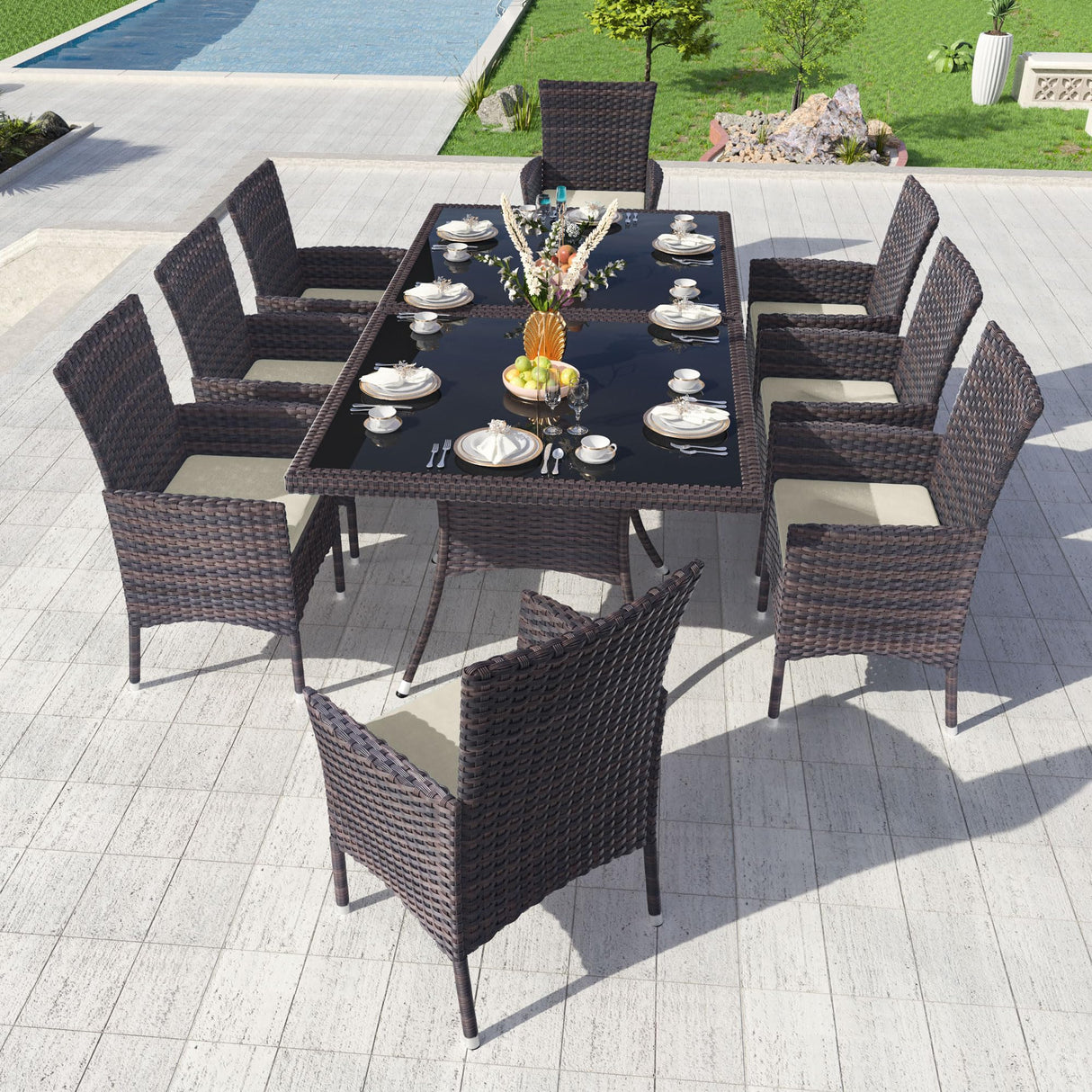 Kullavik 10-Piece Outdoor Dining Set Patio Rattan Furniture Set,Patio Dining Table and Chairs Set with 8 Chairs and Cushions,Square Glass Tabletop with Umbrella Hole for Patio,Backyard,Garden,Sand Kullavik