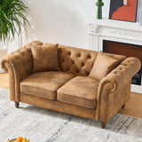 KEIKI 66" ‌Luxury Chesterfield Leather Sofa, Mid Century Modern 2 Seater Couch w/Roll Armrest, Comfy Sleeper Cloud Couches Loveseat for Office, Apartment Living Room & Bedroom, Easy Assembly, Brown KEIKI