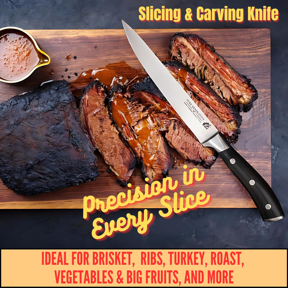 Pure Generation 8" Carving Knife - Brisket Knife, Razor Sharp German Steel BBQ Meat Slicing Knife for Turkey, Ham & Fruit with Ergonomic Handle Pure Generation