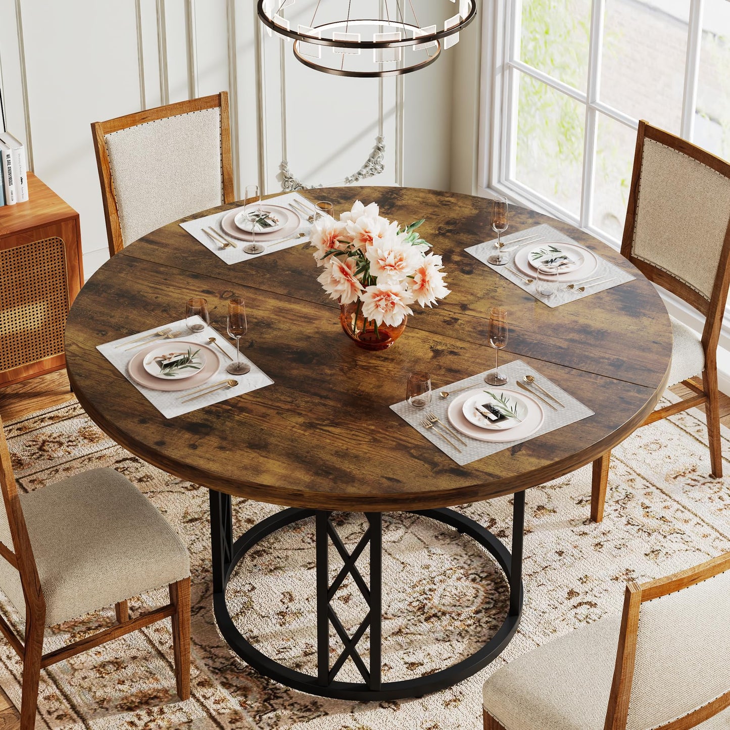 Tribesigns Round Dining Table for 4 People, 47" Modern Kitchen Table with Wood Grain Surface & Metal Base, Rustic Round Table for Dining Room, Living Room, Brown & Black（Only Table）