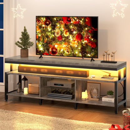 YITAHOME LED Television Stands w/Power Outlets for 70/65 inch, Modern Industrial TV Stand, Entertainment Center w/Open Storage TV Table, Entertainment Center for 360lbs for Living Room, Gray - WoodArtSupply