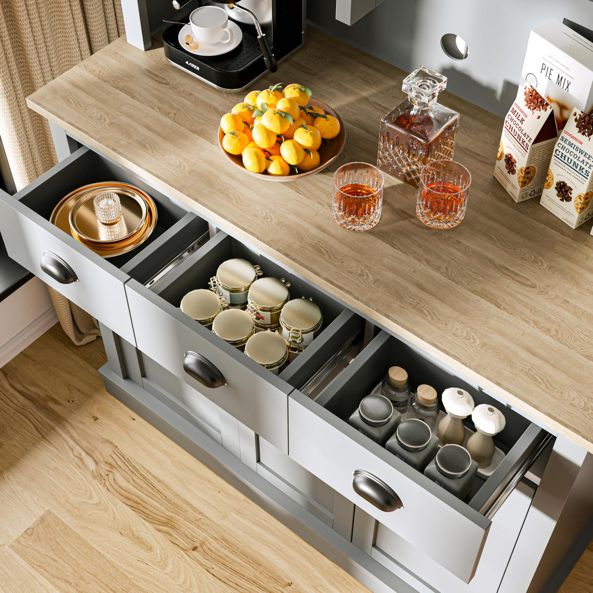 MU 71" Kitchen Hutch Storage Cabinet with Countertop, Tall Freestanding Kitchen Pantry Cabinet with Drawers, Drawers & Microwave Shelf, China Hutch for Kitchen, Dining Room, Living Room, Grey MU