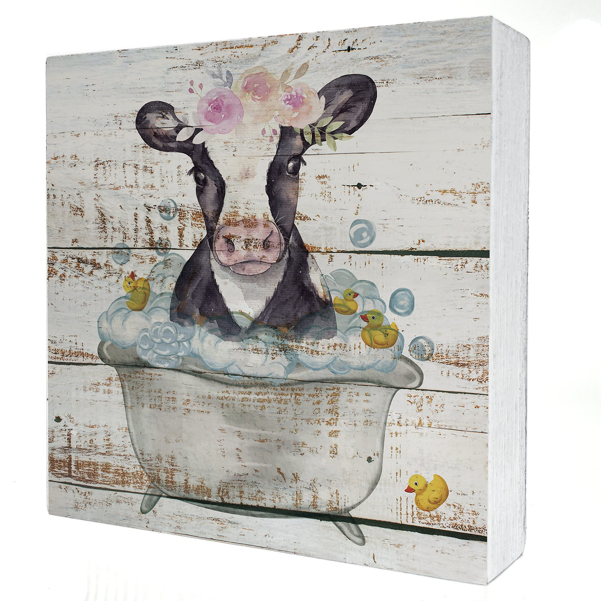 Funny Farmhouse Bathroom Wooden Box Sign Desk Decor Cow Wood Block Plaque Box Signs Farmhouse Box Sign for Home Bathroom Shelf Table Decoration (5 X 5 Inch) POPIPU ART