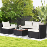 Tangkula 5 Piece Outdoor Patio Furniture Set, Patiojoy PE Wicker Conversation Set with Solid Acacia Wood Tabletop and Soft Cushions, Patio Sectional Sofa Furniture Set for Garden, Poolside (Off White) Tangkula