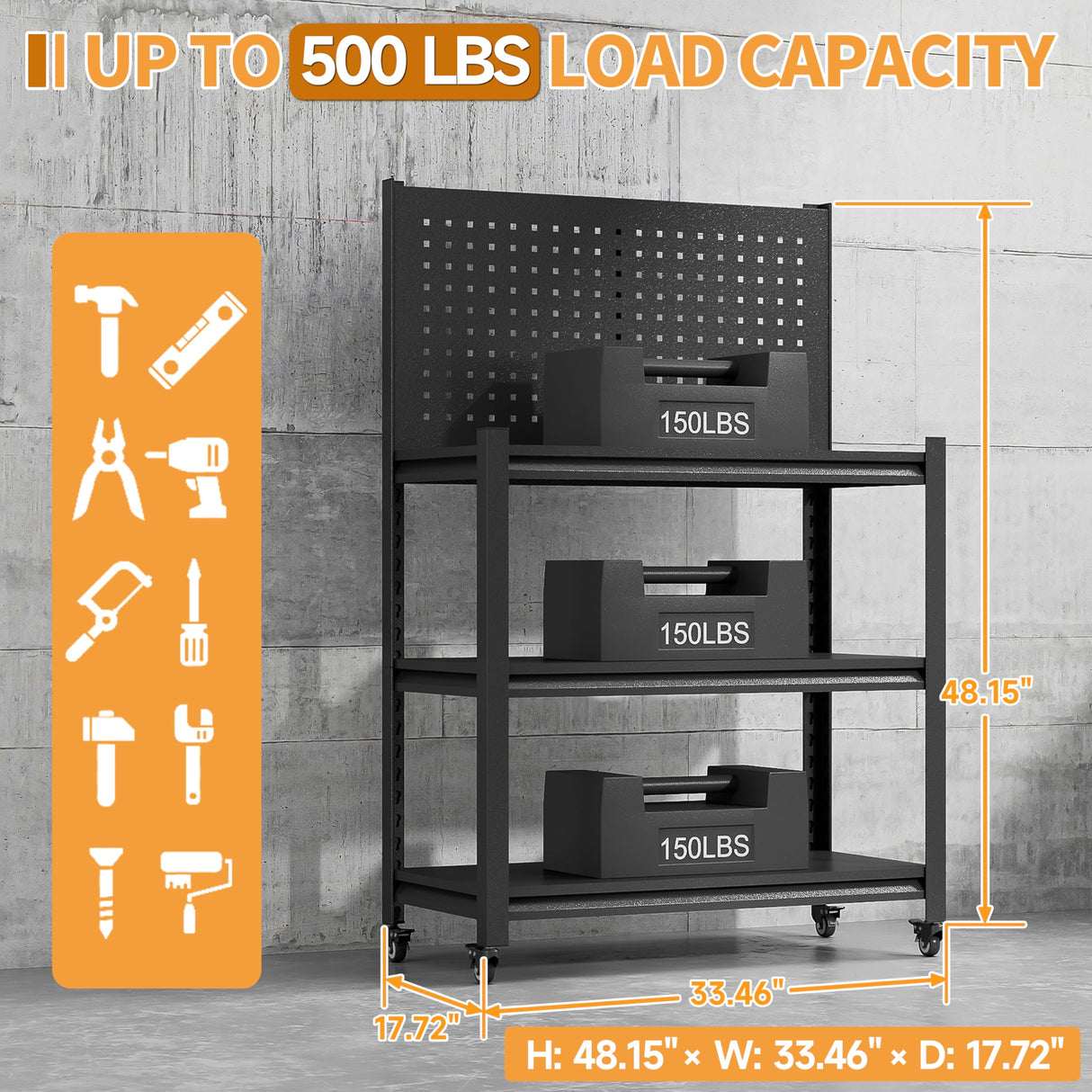 48.15" H Adjustable Workbench with Pegboard,3-Tier Heavy Duty Work Table with Wheels,Black Rolling Workshop Bench,Mobile Garage Workstation, Metal Tool Bench for Garage Warehouse Workshop Firstsky