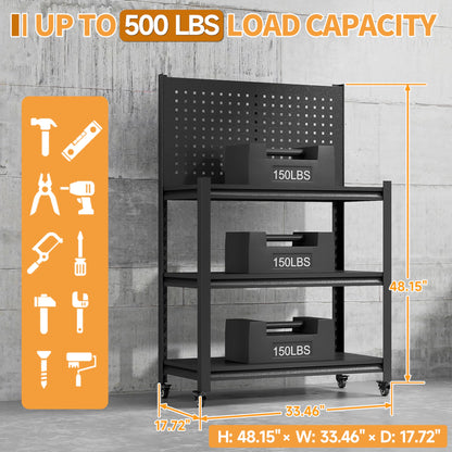 48.15" H Adjustable Workbench with Pegboard,3-Tier Heavy Duty Work Table with Wheels,Black Rolling Workshop Bench,Mobile Garage Workstation, Metal Tool Bench for Garage Warehouse Workshop - WoodArtSupply