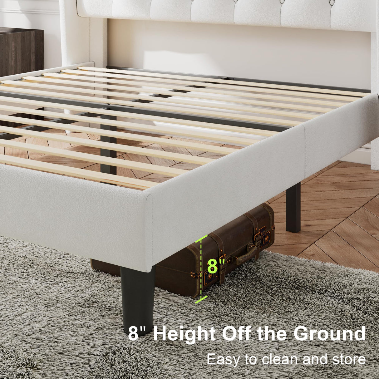 Feonase Queen Size Bed Frame with Diamond Tufted Wingback Headboard, Upholstered Platform Bed, Sturdy Wooden Slats Support, Noise-Free, No Box Spring Needed, Easy Assembly, White Feonase