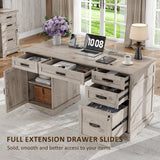 Whalefall 55'' Farmhouse Desk Home Office with Drawers, Executive Computer Desk Wooden with File Cabinet and Charging Station, White Wash Gray Whalefall