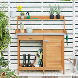 Topeakmart Outdoor Potting Bench Table Work Station Garden Planting with Cabinet & Drawer & Top Shelf & Lower Shelf Natural Wood Topeakmart