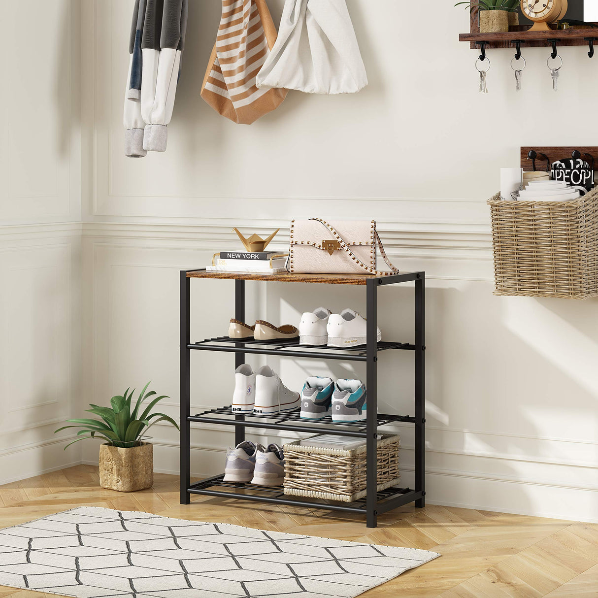 Yusong Shoe Rack, 4 Tier Shoe Organizer Storage for Closet Entryway, Narrow Slim Metal Shoe Shelves with Industrial Wooden Top, Rustic Brown and Black Yusong