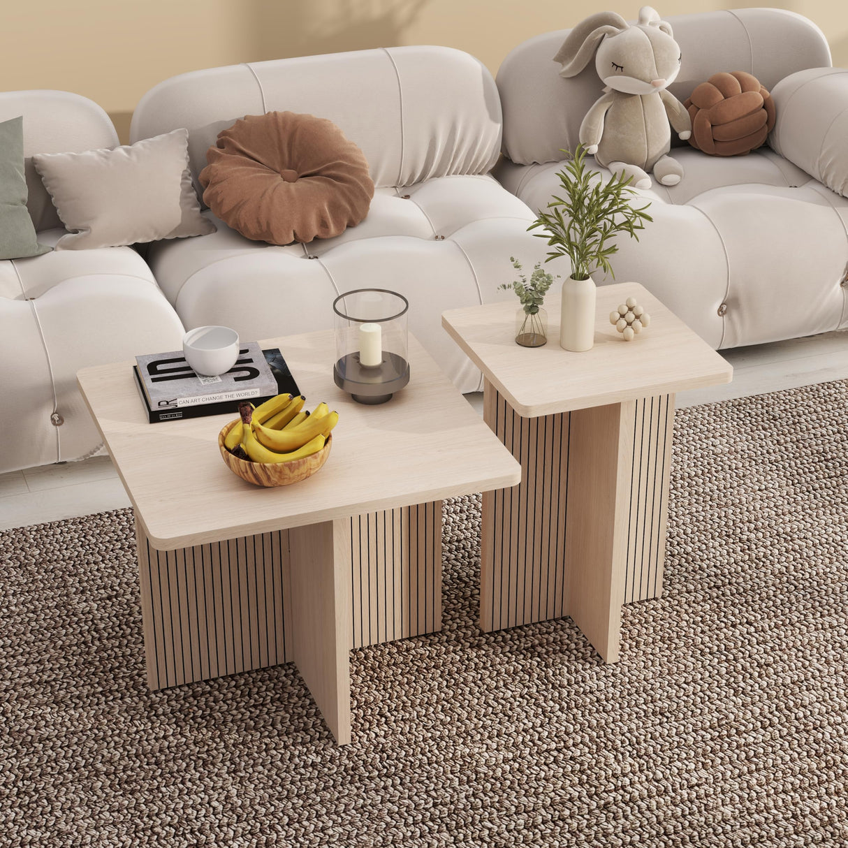 Nesting Wood Grain Color Tables for Living Room: Nesting Coffee Table Set of 2, Modern Wooden Square Center & Side Piece, Fluted Design Small End Stand for Spaces LABROSKIA