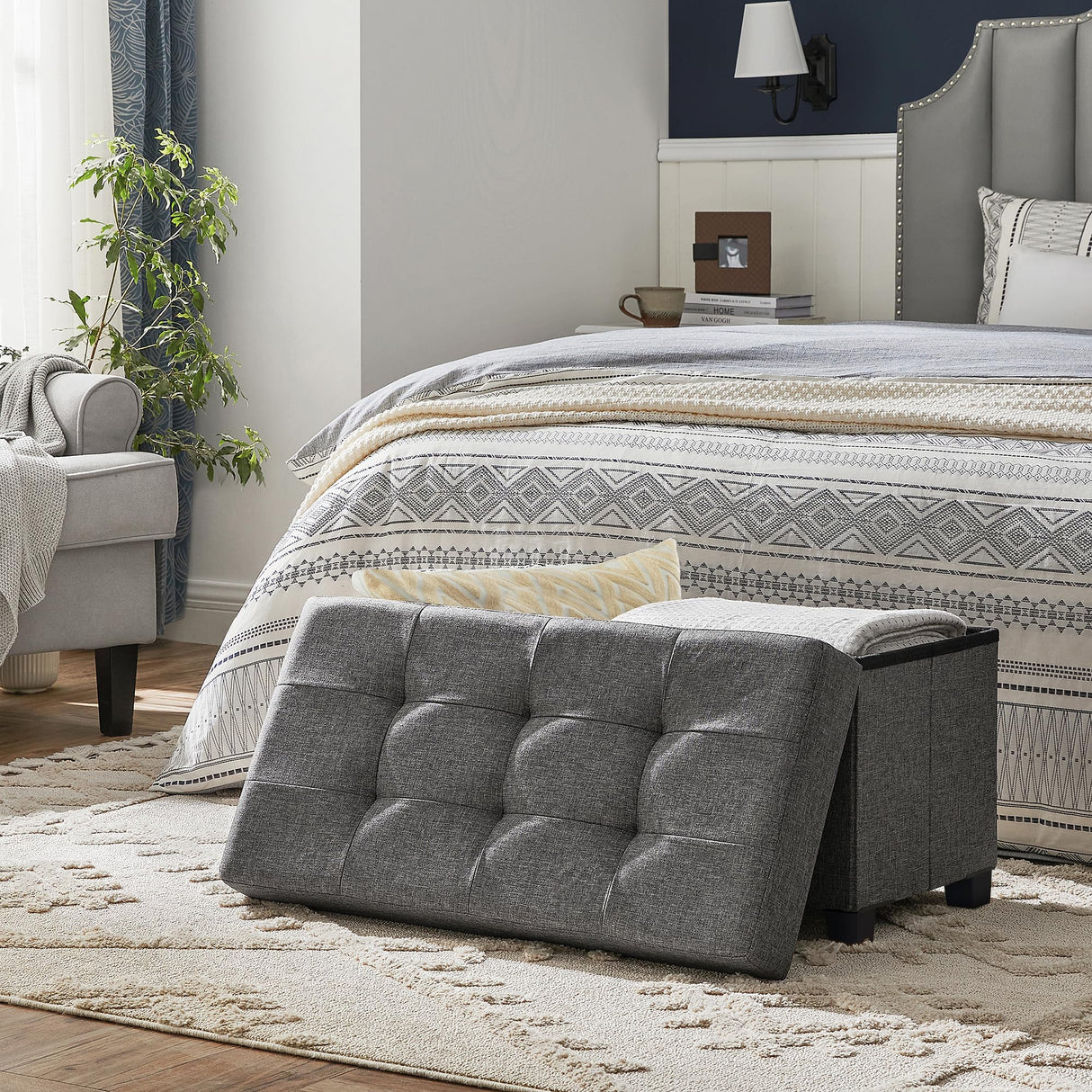 SONGMICS Storage Ottoman Bench, Foldable Foot Rest with Legs, 15 x 30 x 15.7 Inches, End of Bed Bench, Storage Chest, Load up to 660 lb, for Living Room, Bedroom, Entryway, Dark Gray ULSF16GYZ SONGMICS