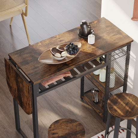 Expandable Rustic Brown Bar Table and Chair Set with Wine Rack and Adjustable Storage Shelves by Bestier Bestier