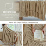 Simple&Opulence Soft Chenille Throw Blanket 50'' x 60'' - Cozy Fluffy Blanket with Fringe Tassel, Farmhouse Boho Blankets for Couch Bed Office Chair Gift Home Decor All Season Use, Khaki Simple&Opulence