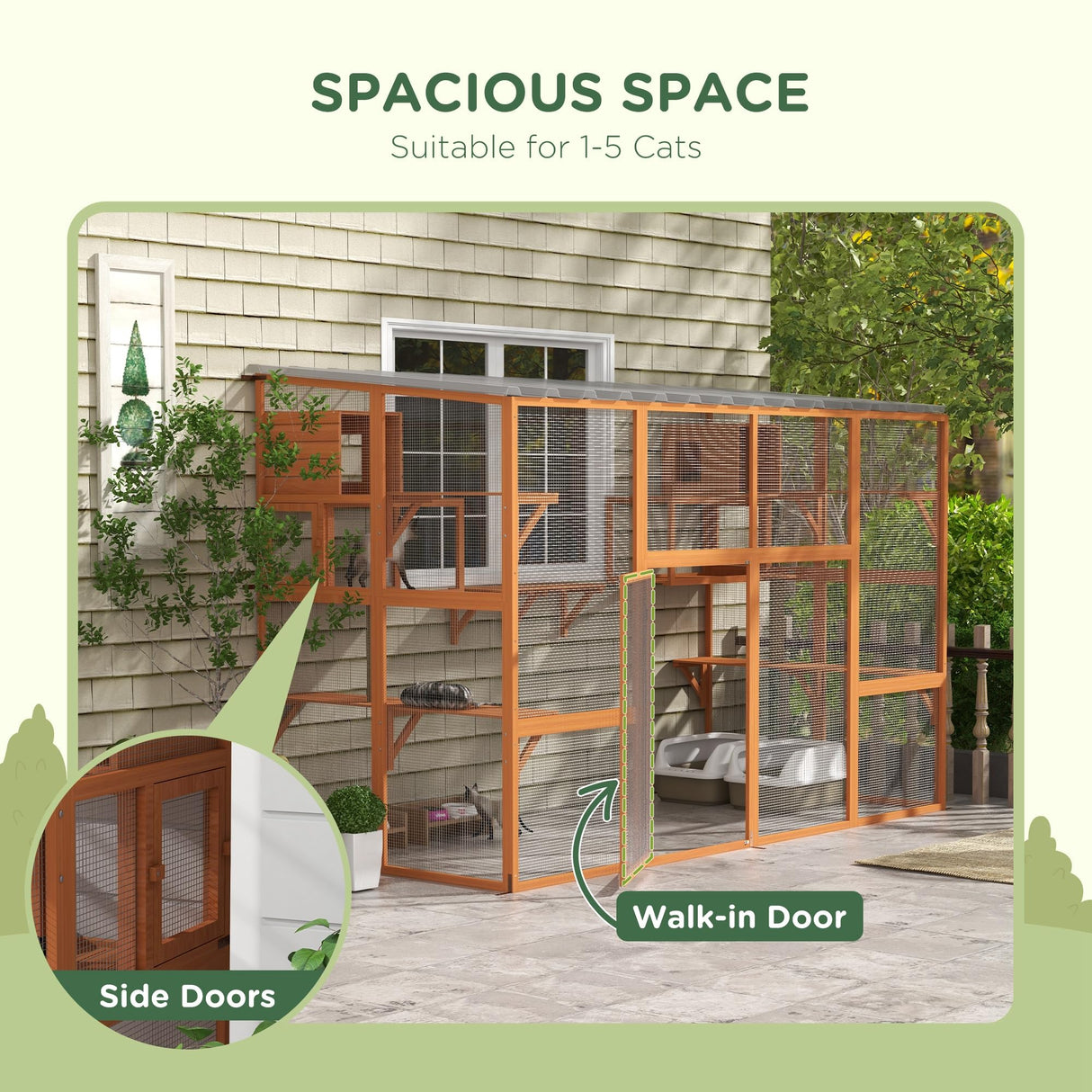 PawHut Catio, Outdoor Cat Enclosure Window Box, Wooden Cat House Playground with Scratching Posts, Weather Protection Roof for 1-5 Kitties, Resting Boxes, 118" x 55" x 75.5", Orange PawHut