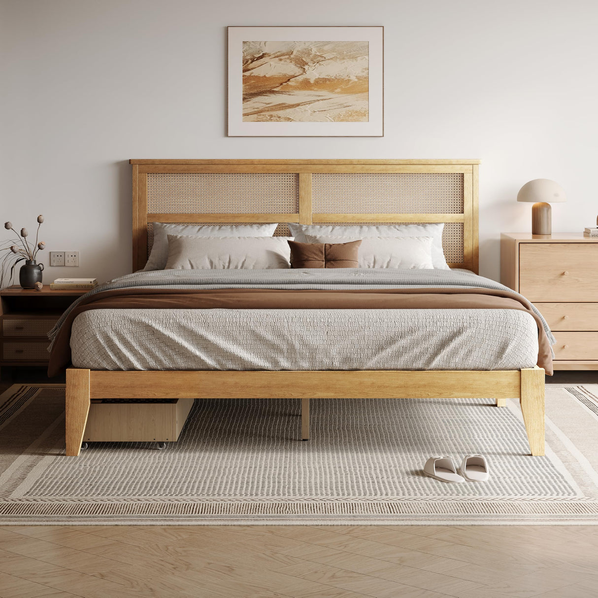DEINPPA King Bed Frame Solid Rubber Wood Platform Bed with Rattan Headboard and 2 Storage Drawers, Boho Style/Wooden Slats Support/Noise-Free/8 inch Space Underneath/No Box Spring Need-Natural DEINPPA