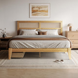 DEINPPA King Bed Frame Solid Rubber Wood Platform Bed with Rattan Headboard and 2 Storage Drawers, Boho Style/Wooden Slats Support/Noise-Free/8 inch Space Underneath/No Box Spring Need-Natural DEINPPA