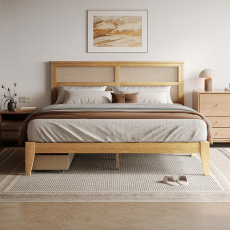 DEINPPA King Bed Frame Solid Rubber Wood Platform Bed with Rattan Headboard and 2 Storage Drawers, Boho Style/Wooden Slats Support/Noise-Free/8 inch Space Underneath/No Box Spring Need-Natural DEINPPA