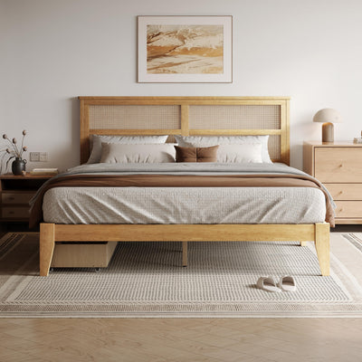 DEINPPA King Bed Frame Solid Rubber Wood Platform Bed with Rattan Headboard and 2 Storage Drawers, Boho Style/Wooden Slats Support/Noise-Free/8 inch Space Underneath/No Box Spring Need-Natural