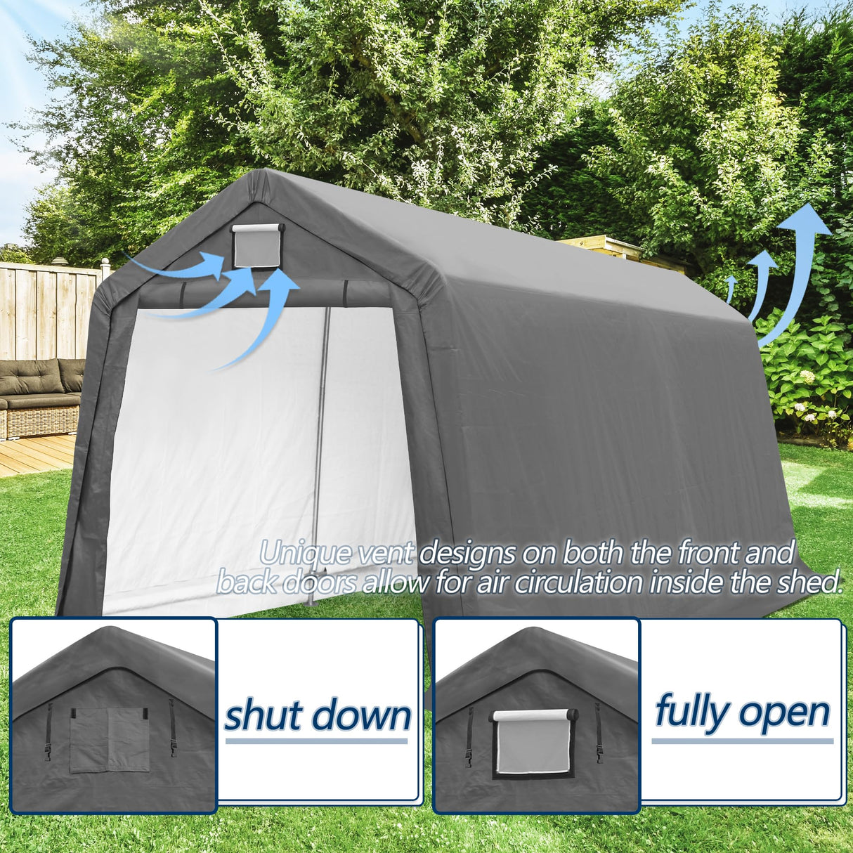 COVERONICS 7' x 12' Outdoor Storage Shed - Heavy Duty Portable Shelter Carport with Ventilation Windows and Roll-up Doors, Storage Shelter Tent for Motorcycle, Bike, Lawnmower and Garden Tools, Grey COVERONICS